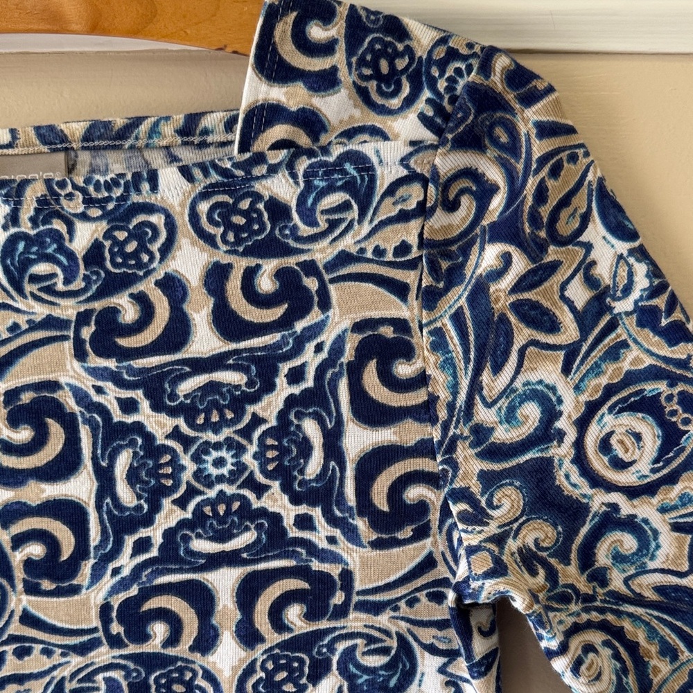 Chico's Navy and White Patterned Boatneck 3/4 Sleeve Top - Picture 5 of 7